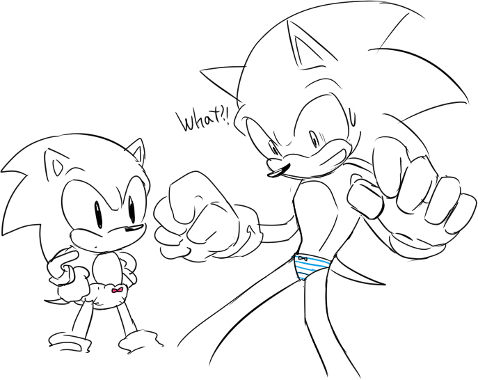 ?! anthro bodily_fluids clothing den255 dialogue duo english_text eulipotyphlan gloves hands_on_hips handwear hedgehog humor male mammal panties partially_colored sketch sonic_(series) sonic_the_hedgehog square_crossover surprise sweat sweatdrop text underwear