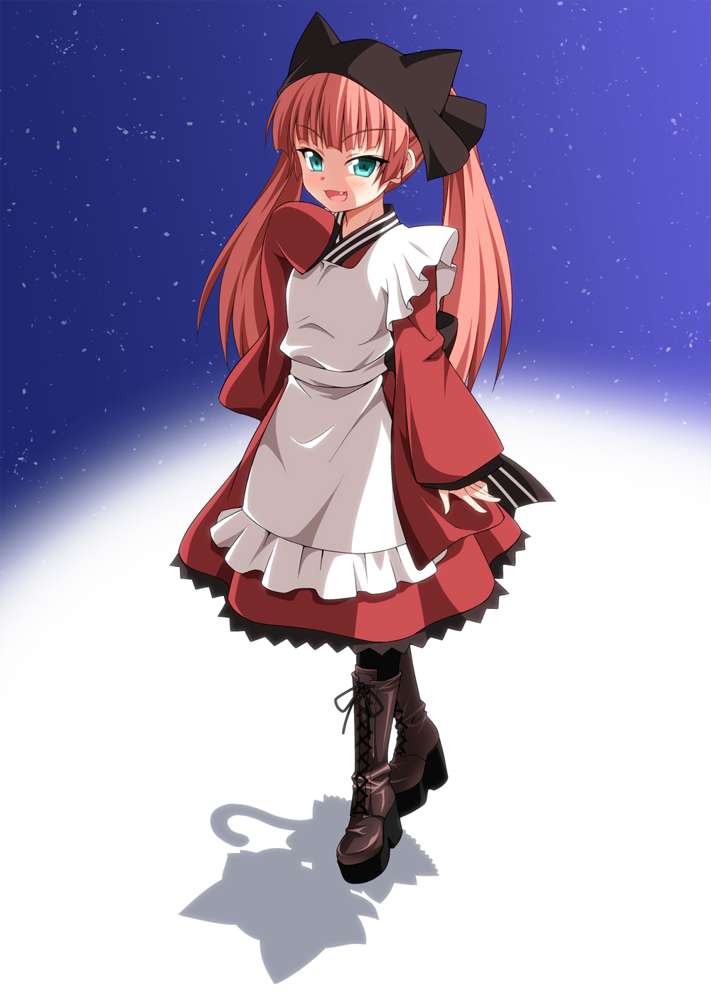 1girl animal_hat aqua_eyes black_headwear boots brown_footwear cat_hat cat_tail cross-laced_footwear different_shadow fang green_eyes gugure!_kokkuri-san hat highres kyuutou_(kyuutouryuu) long_sleeves open_mouth red_hair shadow standing tail tama_(gugukoku) thigh_boots thighhighs twintails