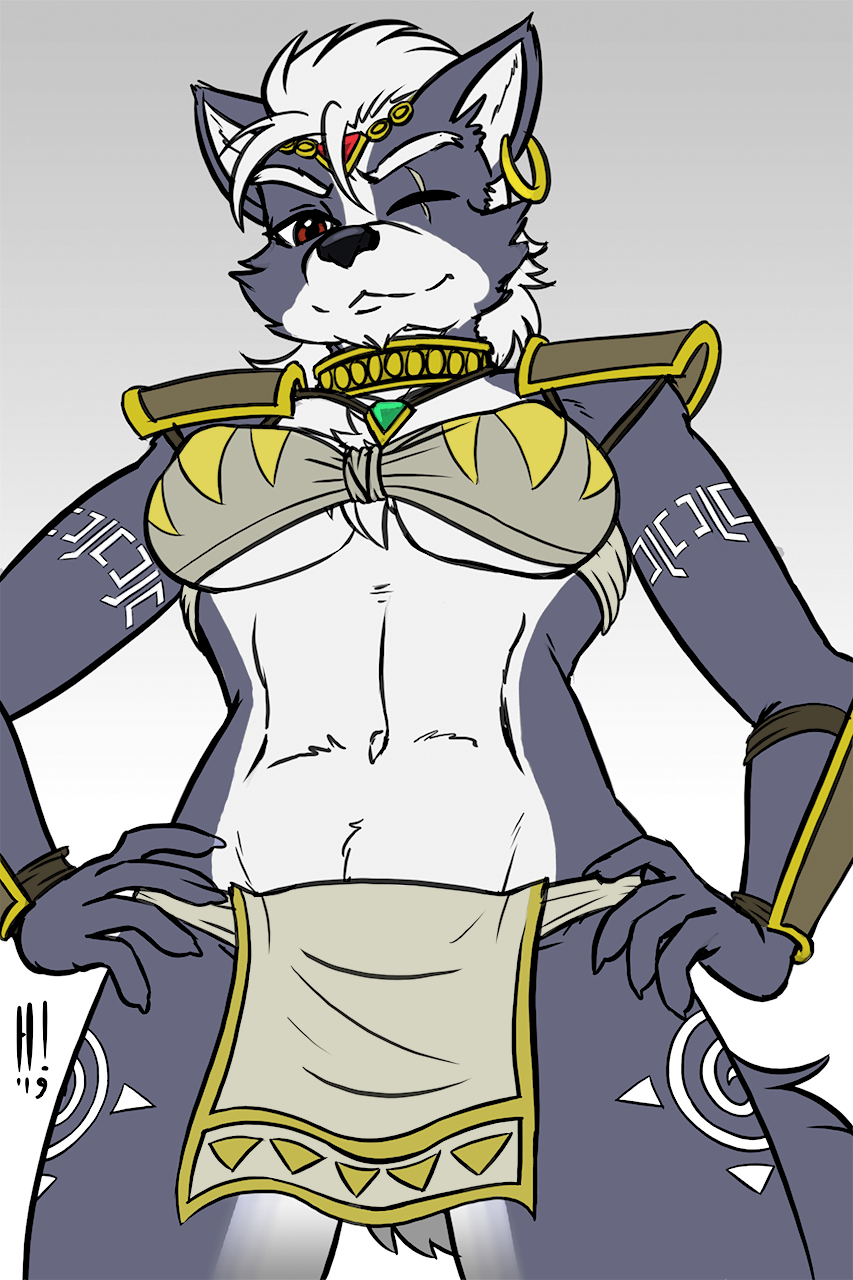 1_eye 2019 alternate_costume anthro armor breasts canid canine canis circlet clothed clothing clothing_swap collar color_edit colored cosplay crossgender ear_piercing ear_ring edit felicity_longis female fur gold_(metal) gold_jewelry grey_fur heresy_(artist) hi_res jewelry krystal looking_at_viewer low-angle_view mammal navel necklace nintendo piercing scar shoulder_pads skimpy star_fox tattoo tribal under_boob video_games wolf wolf_o'donnell