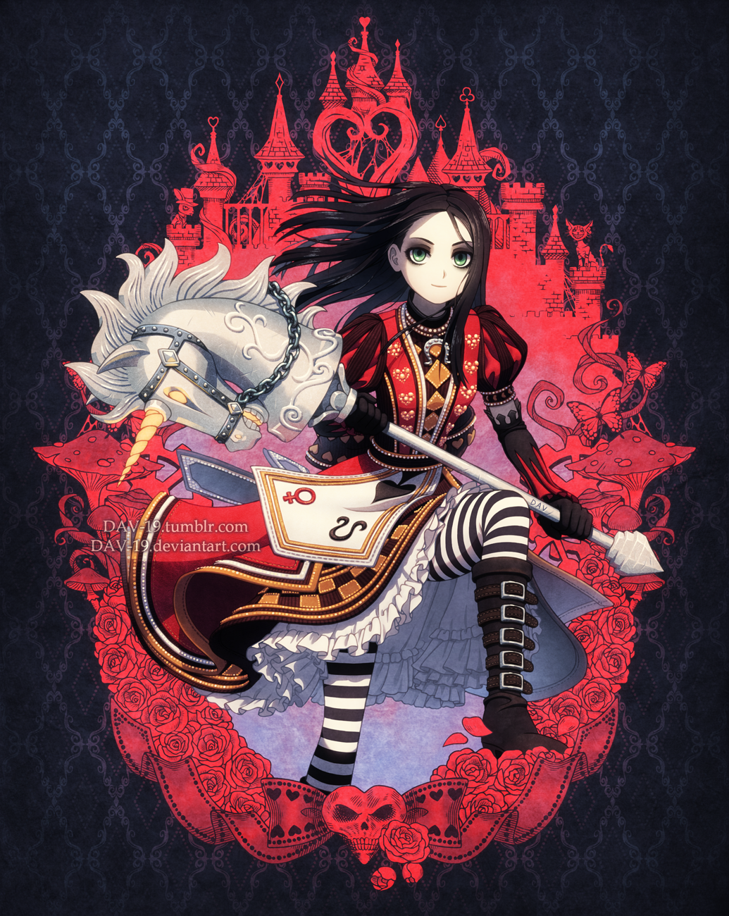 1girl alice:_madness_returns alice_(wonderland) artist_name bangs belt belt_boots black_footwear black_gloves black_hair boots bow brown_belt bug butterfly checkered closed_mouth commentary dav-19 dress elbow_gloves english_commentary flower forehead gloves green_eyes heart highres holding holding_weapon horn horseshoe insect knee_boots light_smile long_hair looking_at_viewer mushroom omega_symbol pantyhose parted_bangs petals puff_and_slash_sleeves puffy_short_sleeves puffy_sleeves queen_of_hearts red_bow red_dress red_flower red_rose rose rose_petals short_sleeves signature skull solo spade_(shape) striped striped_legwear tower venus_symbol watermark weapon web_address white_rabbit