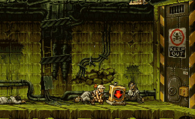 1girl animated boots brown_hair cap corpse crank dead door female female_focus filth fio_germi grime hair hat keep_out knee_pads legs legs_together lever machine male metal_slug open_clothes open_shirt pants pipe pipes pixel_art ponytail screencap sewer shorts smoke snk underground undershirt video_games water