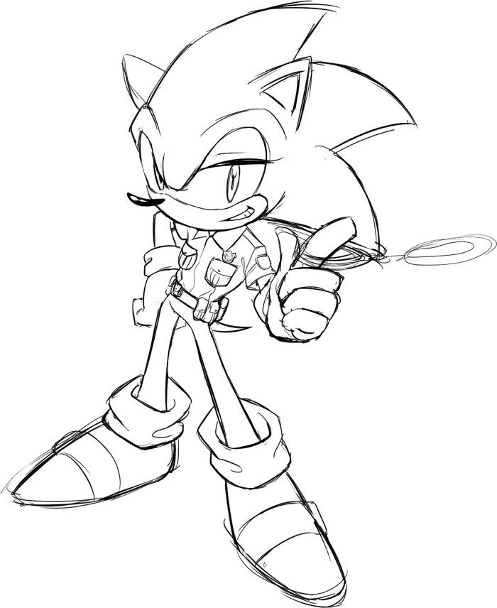 anthro belt black_and_white clothing den255 eulipotyphlan footwear gloves grin hand_on_hip handcuffs handwear hedgehog holding_object male mammal monochrome police_uniform shackles shoes sketch smile solo sonic_(series) sonic_the_hedgehog standing topwear uniform