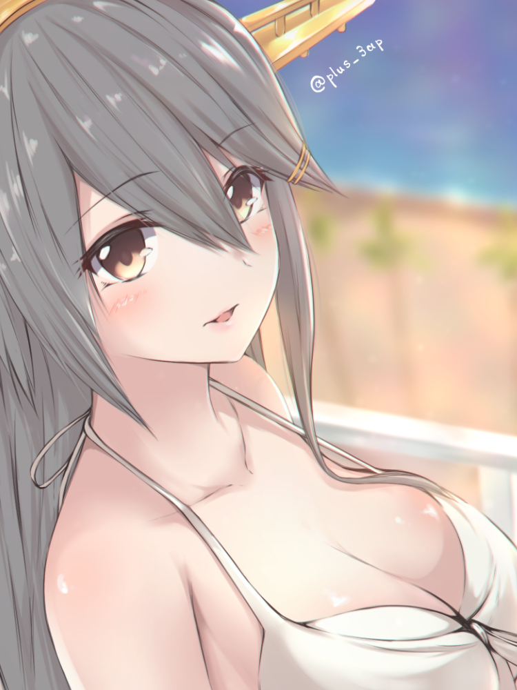1girl :d bare_shoulders blurry blurry_background breasts brown_eyes cleavage close-up collarbone eyebrows_visible_through_hair grey_hair hair_ornament hairclip haruna_(kantai_collection) headgear kantai_collection large_breasts long_hair looking_at_viewer open_mouth saplus smile solo twitter_username white_bikini_top