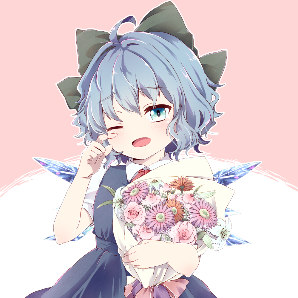 1girl arms_up baby's-breath blue_dress blue_eyes blue_hair blush bouquet bow cirno commentary_request cowboy_shot daisy dress eyebrows_visible_through_hair finger_to_eye flower hair_bow happy_tears head_tilt holding holding_bouquet kuromame_(8gou) lily_(flower) one_eye_closed open_mouth outline pinafore_dress pink_background pink_flower pink_rose puffy_short_sleeves puffy_sleeves red_neckwear red_ribbon ribbon rose shirt short_hair short_sleeves simple_background solo tears touhou two-tone_background white_background white_shirt wings wiping_tears