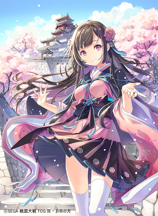 1girl architecture black_bow black_skirt blue_sky bow brown_hair day east_asian_architecture flower h2so4 hair_flower hair_ornament long_hair looking_at_viewer official_art outdoors pleated_skirt purple_eyes sengoku_taisen skirt sky smile solo stairs standing thighhighs very_long_hair watermark white_legwear wide_sleeves