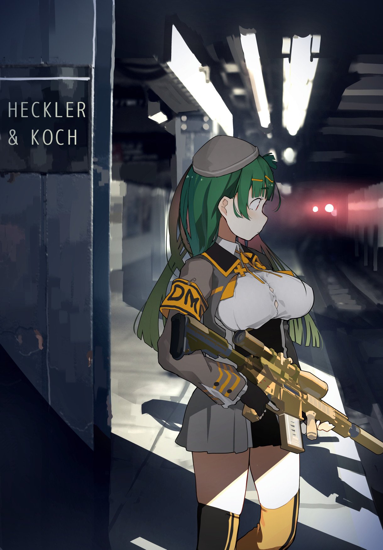 1girl bangs black_gloves blunt_bangs blush breasts bursting_breasts closed_mouth cropped_jacket fingerless_gloves from_side fuu_fuu g28_(girls_frontline) garrison_cap girls_frontline gloves green_hair gun h&amp;k_g28 hair_ornament hairclip hat heckler_&amp;_koch highres holding holding_gun holding_weapon indoors large_breasts long_hair long_sleeves pleated_skirt railing shadow skirt solo thighhighs weapon