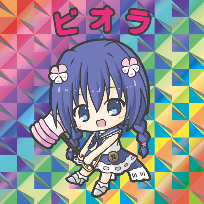 1girl :d bangs bare_arms bare_shoulders bikkuriman_(style) blue_bow blue_eyes blue_hair blue_sailor_collar blue_skirt bow braid character_name chibi eyebrows_visible_through_hair flower flower_knight_girl full_body grey_footwear hair_between_eyes hair_flower hair_ornament holding long_hair looking_at_viewer open_mouth parody piko_piko_hammer rinechun sailor_collar shirt shoes skirt sleeveless sleeveless_shirt smile solo twin_braids twintails very_long_hair viola_(flower_knight_girl) white_flower white_shirt