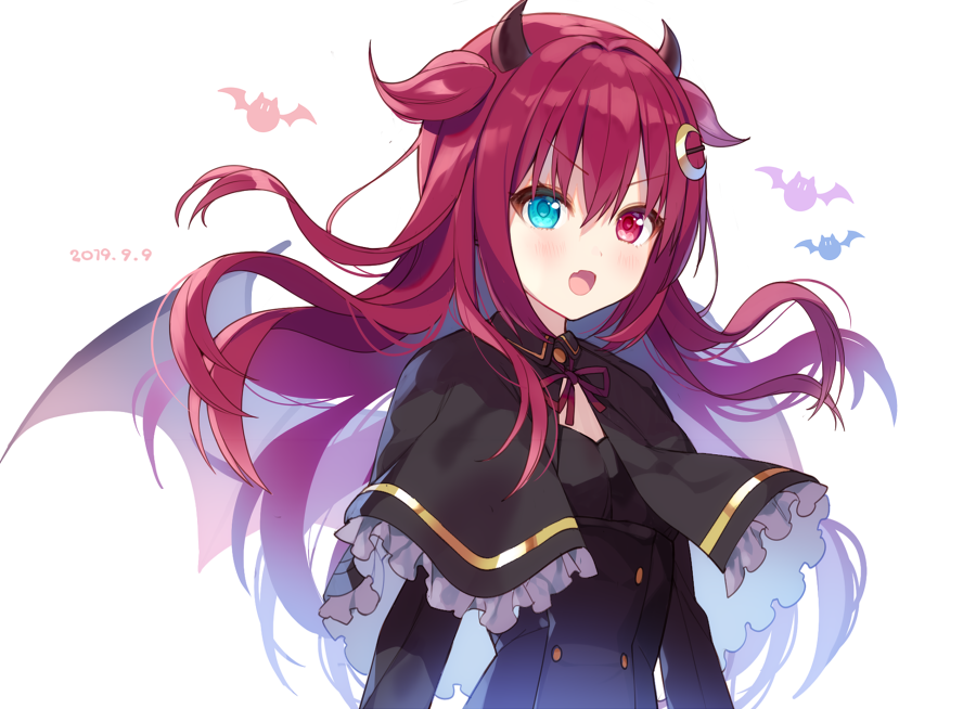1girl :d bangs black_capelet black_dress blue_eyes brown_wings capelet commentary_request crescent crescent_hair_ornament dated demon_girl demon_horns demon_wings dress eyebrows_visible_through_hair fang frilled_capelet frills hair_between_eyes hair_ornament horns long_hair looking_at_viewer mayachi_(amuriya) nijisanji open_mouth red_eyes red_hair simple_background smile solo two_side_up upper_body v-shaped_eyebrows very_long_hair virtual_youtuber white_background wings yuzuki_roa