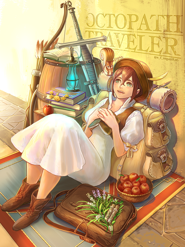 1girl animal bag blush book brown_hair dress e_f_regan826 green_eyes hair_over_one_eye hat jewelry long_hair looking_at_viewer necklace octopath_traveler open_mouth short_hair simple_background smile sword tressa_(octopath_traveler) weapon