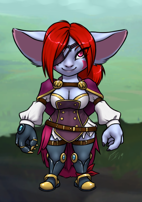 2019 boots breasts cape cleavage clothed clothing eye_patch eyewear female footwear furball hair humanoid league_of_legends legwear looking_at_viewer pink_eyes prosthetic_limb red_hair riot_games shirt short_stack simple_background smile solo standing thigh_highs topwear video_games wyla_(furball) yordle