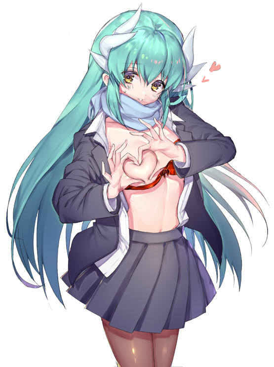 1girl aqua_hair black_jacket black_skirt blush bra bra_pull breasts brown_legwear commentary_request cowboy_shot dragon_girl dragon_horns eyebrows_visible_through_hair fate/grand_order fate_(series) heart heart-shaped_boob_challenge heart_hands horns jacket kiyohime_(fate/grand_order) long_hair looking_at_viewer medium_breasts mogullaz multiple_horns navel one_breast_out open_clothes pantyhose pleated_skirt red_bra scarf school_uniform shirt simple_background skirt solo standing stomach underwear very_long_hair white_background white_shirt yellow_eyes