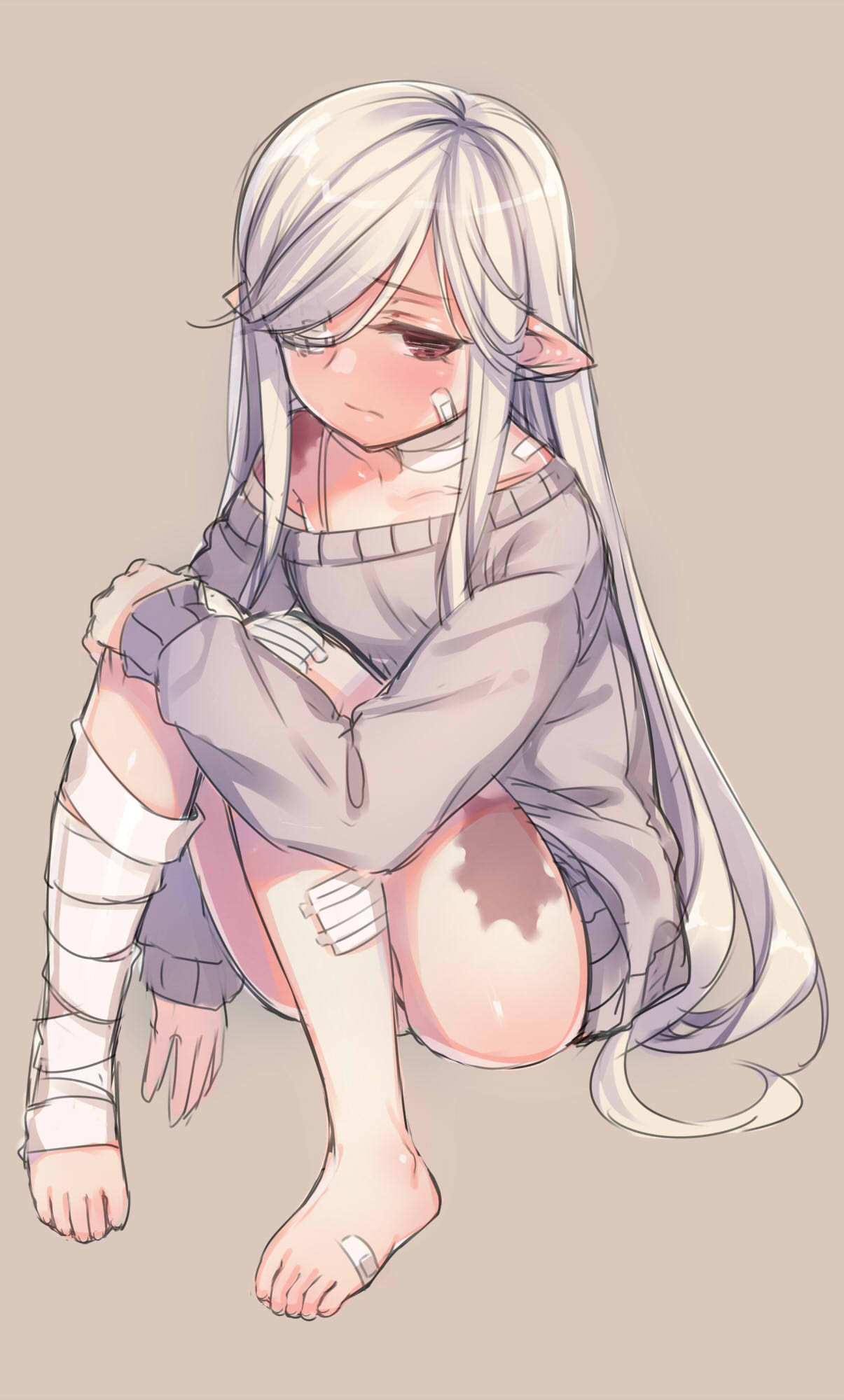 1girl bandaged_leg bandages bandaid_on_cheek bandaid_on_foot bangs bare_shoulders barefoot blush brown_background closed_mouth collarbone commentary_request copyright_request elf eyebrows_visible_through_hair grey_sweater hair_over_one_eye highres knee_up knees_together_feet_apart kuro_(kuronell) long_hair long_sleeves off_shoulder one_eye_covered pigeon-toed pointy_ears red_eyes silver_hair simple_background sitting sleeves_past_wrists solo sweater toenails very_long_hair