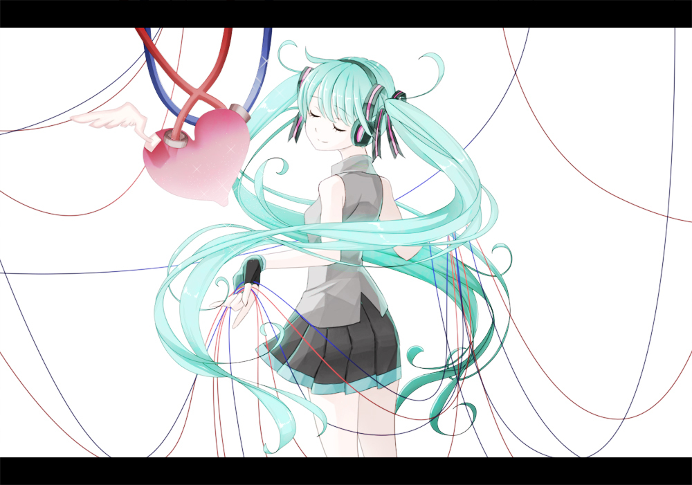 aqua_hair cable closed_eyes fingerless_gloves from_behind gloves hatsune_miku heart long_hair looking_back notsuki_miko skirt smile solo twintails very_long_hair vocaloid