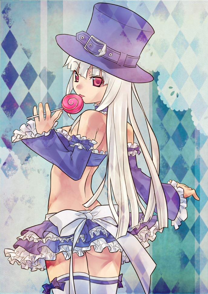 albino bare_shoulders capcom_fighting_jam collar detached_sleeves frilled_skirt frills hat ingrid long_hair midnight_bliss midriff red_eyes skirt solo thighhighs top_hat wanko_(takohati8) white_hair