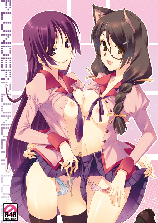 :d animal_ears arm_around_waist asymmetrical_docking bad_id bad_pixiv_id bakemonogatari bangs between_breasts black_hair black_legwear blue_neckwear blue_panties blue_ribbon blue_skirt bow bow_panties braid breast_press breasts breasts_outside brown_eyes brown_footwear buttons collarbone collared_shirt cover cover_page cowboy_shot doujin_cover english eyebrows_visible_through_hair flipped_hair from_side glasses gradient gradient_background groin hair_over_shoulder hair_ribbon halftone halftone_background hanekawa_tsubasa high_heels holding holding_scissors juliet_sleeves lace lace-trimmed_panties leg_lift lifted_by_another loafers long_hair long_sleeves looking_at_viewer medium_breasts monogatari_(series) multiple_girls navel necktie necktie_between_breasts nekomonogatari nipples open_clothes open_mouth open_shirt outline panties panty_pull parted_bangs parted_lips pink_background pink_panties pink_shirt pixelated pleated_skirt print_panties puffy_long_sleeves puffy_sleeves purple_background purple_eyes purple_hair rating ribbon school_uniform scissors senjougahara_hitagi shirt shoes skirt skirt_lift sleeve_cuffs smile standing straight_hair takei_ooki thighhighs twin_braids unbuttoned underwear very_long_hair yellow_ribbon