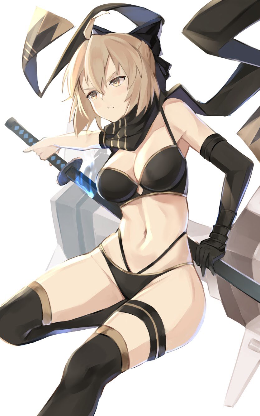 1girl ahoge bare_shoulders bikini black_bikini black_gloves black_legwear black_scarf breasts brown_eyes brown_hair cleavage closed_mouth commentary_request fate/grand_order fate_(series) gloves groin highleg highleg_bikini highres holding holding_sword holding_weapon katana large_breasts looking_away monyu_(monyupop) navel okita_souji_(fate)_(all) okita_souji_(swimsuit_assassin)_(fate) scarf short_hair single_glove solo swimsuit sword thigh_strap thighhighs v-shaped_eyebrows weapon white_background