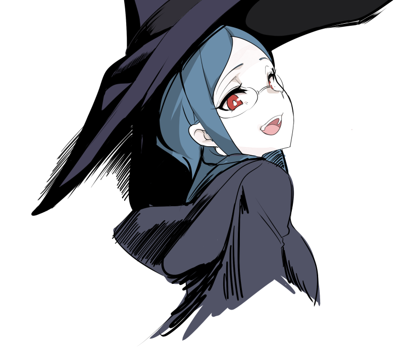 1girl abstract blue_hair cropped_torso eyebrows from_side glasses hat hood hood_down little_witch_academia long_hair looking_at_viewer open_mouth pocari_sweat_(artist) red_eyes rimless_eyewear robe sideways_glance simple_background smile solo upper_body ursula_charistes white_background witch witch_hat