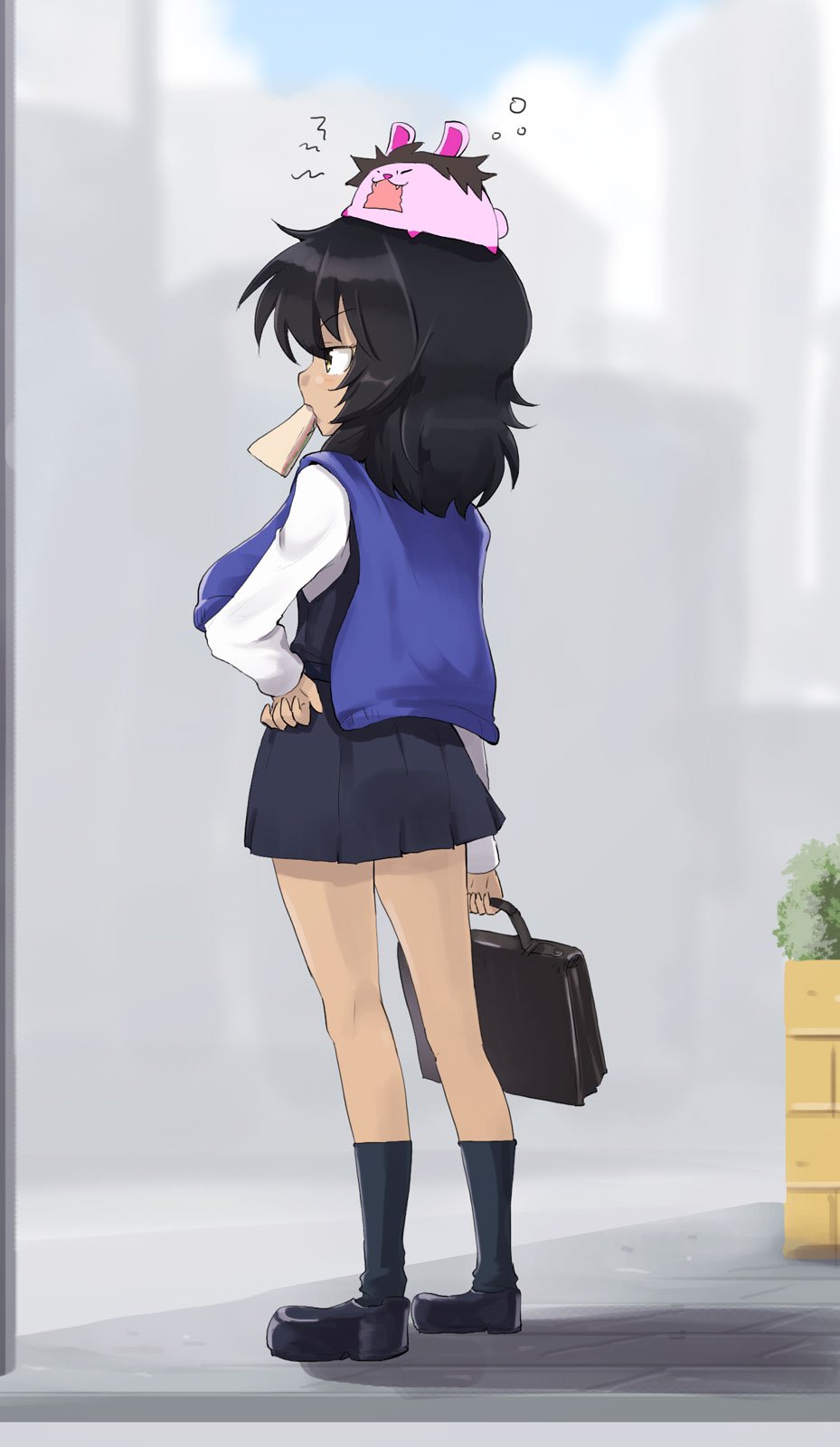 1girl andou_(girls_und_panzer) animal bag bc_freedom_school_uniform blurry blurry_background bread bunny dark_skin eating fangs food girls_und_panzer hand_on_hip highres jinguu_(4839ms) long_sleeves medium_hair messy_hair murakami_(girls_und_panzer) open_mouth school_uniform skirt sweater sweater_around_neck thighs