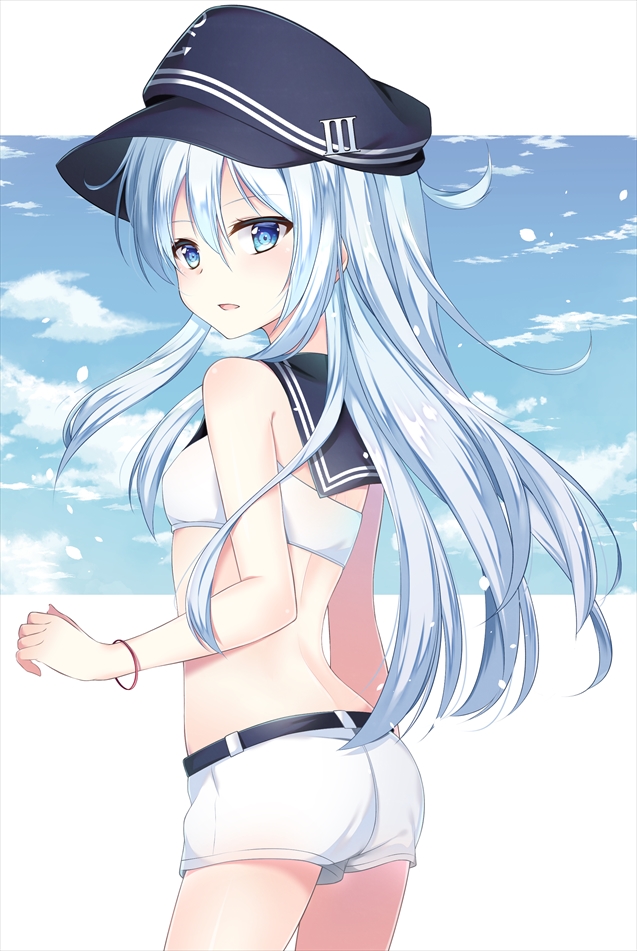 1girl alternate_costume ass belt black_belt black_serafuku blue_sky blush cloud eyebrows_visible_through_hair flat_cap hair_between_eyes hat hibiki_(kantai_collection) hikobae kantai_collection long_hair looking_at_viewer open_mouth school_uniform serafuku short_shorts shorts silver_hair sky solo thighs