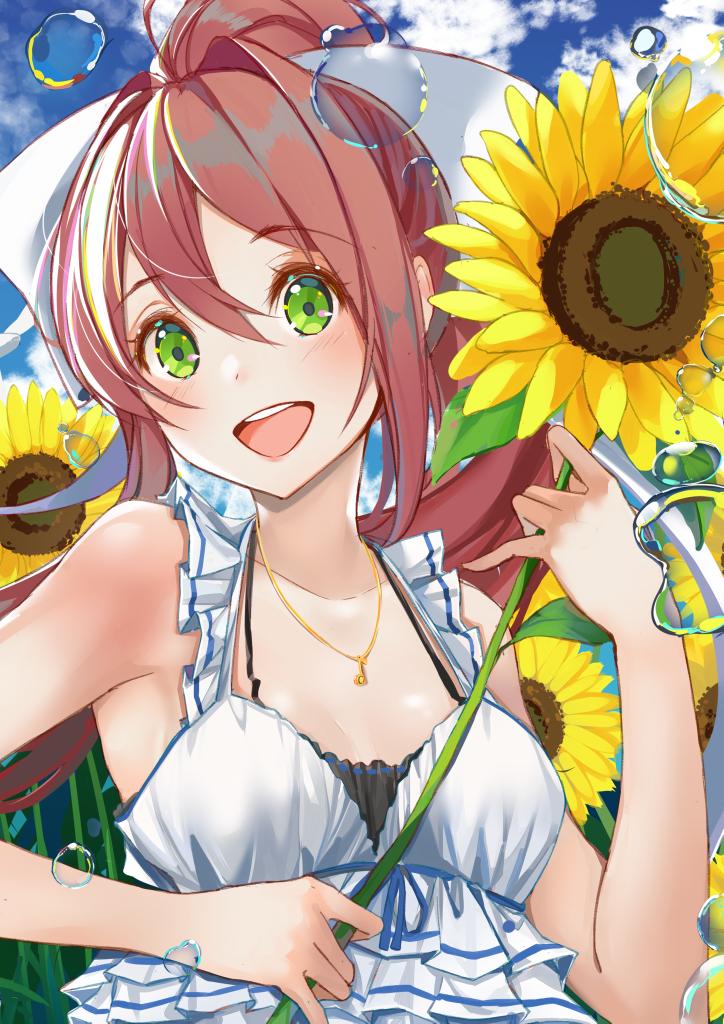 1girl :d bangs bare_shoulders collarbone commentary day doki_doki_literature_club dress english_commentary eyebrows_visible_through_hair flower green_eyes hair_between_eyes hair_ribbon holding holding_flower jewelry long_hair looking_at_viewer monika_(doki_doki_literature_club) musical_note_necklace open_mouth outdoors pendant ponytail ribbon sleeveless sleeveless_dress smile solo sunflower upper_body upper_teeth water white_dress white_ribbon xhunzei