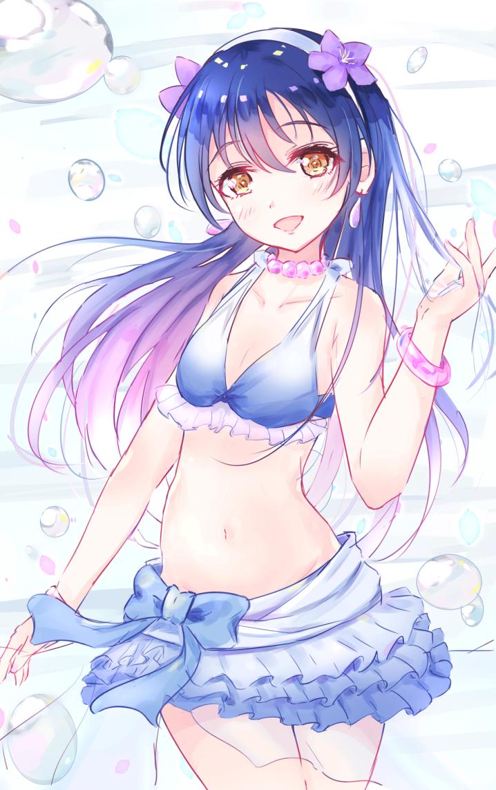 1girl 493water arm_up bangs bikini bikini_skirt blue_hair blush bracelet commentary_request cowboy_shot eyebrows_visible_through_hair flower frilled_bikini frills hair_between_eyes hair_flower hair_ornament hand_in_hair jewelry long_hair looking_at_viewer love_live! love_live!_school_idol_project natsuiro_egao_de_1_2_jump! open_mouth ribbon solo sonoda_umi swimsuit yellow_eyes