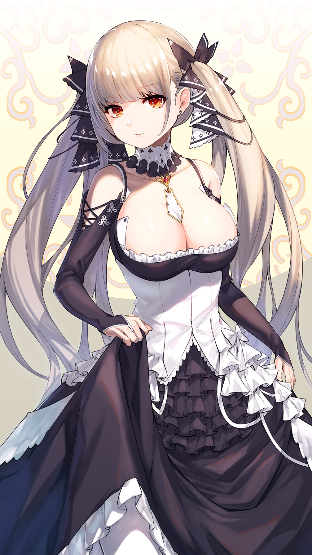 1girl akanagi_youto azur_lane bangs bare_shoulders between_breasts black_dress black_ribbon blonde_hair blush breasts bridal_gauntlets cleavage collarbone commentary_request cowboy_shot detached_sleeves dress earrings eyebrows_visible_through_hair formidable_(azur_lane) frilled_dress frills hair_ornament hair_ribbon highres jewelry large_breasts long_hair long_sleeves looking_at_viewer pantyhose parted_lips petticoat red_eyes ribbon sidelocks skirt_hold smile solo standing stud_earrings twintails very_long_hair white_legwear