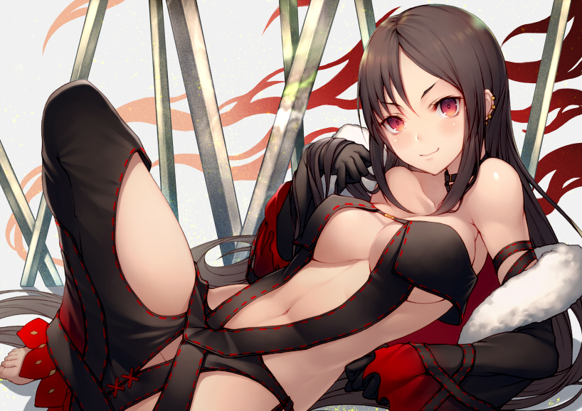 1girl bangs banned_artist bare_shoulders barefoot black_dress black_gloves black_jacket blush braid breasts brown_hair center_opening choker collarbone consort_yu_(fate) dress ear_piercing earrings elbow_gloves fate/grand_order fate_(series) fur-trimmed_jacket fur_trim gloves jacket jewelry knee_up kyoeiki long_hair looking_at_viewer medium_breasts multiple_earrings multiple_swords navel off_shoulder open_clothes open_jacket piercing red_eyes revealing_clothes simple_background smile solo strapless strapless_dress sword thighs very_long_hair weapon