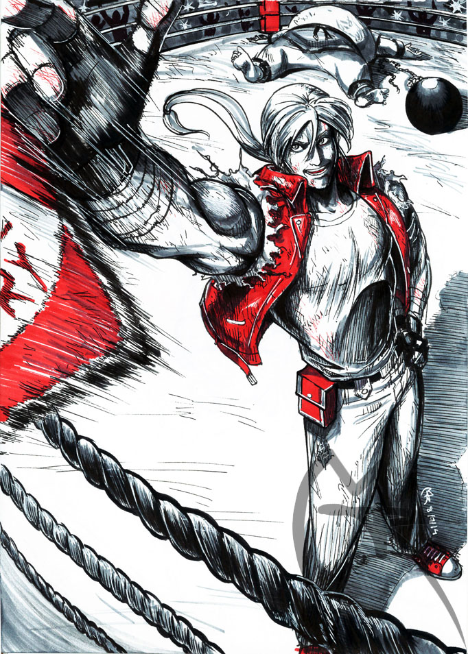 2boys ball_and_chain_restraint baseball_cap boxing_ring chang_koehan fatal_fury fingerless_gloves from_above gloves hat long_hair male_focus multiple_boys partially_colored ponytail royzart solo_focus terry_bogard throwing_hat vest