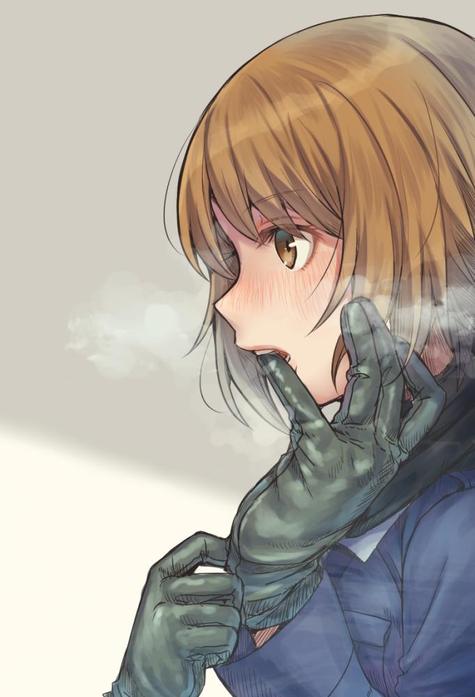 1girl bangs blush brown_hair girls_und_panzer glove_in_mouth gloves long_sleeves mouth_hold nishizumi_miho ooarai_military_uniform short_hair simple_background solo totonii_(totogoya)