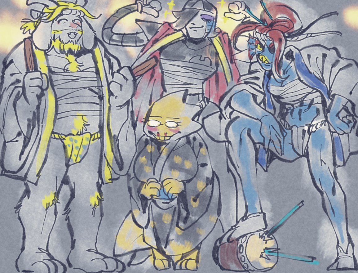 alphys android anthro asgore_dreemurr bandage blood blush bodily_fluids boss_monster bovid caprine clothing eyewear female fish fundoshi glasses goat humanoid japanese_clothing kimono machine male mammal marine mettaton muscular muscular_female nosebleed reptile robot robot_humanoid scalie tomato_(artist) undertale underwear undyne video_games