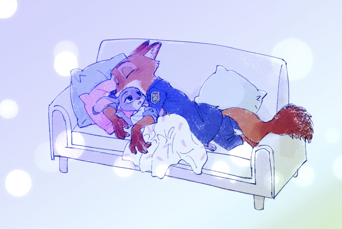 2018 anthro bedding bibio blanket canid canine clothing disney duo female fox hug judy_hopps lagomorph leporid male mammal nick_wilde oibib pillow rabbit simple_background sleeping sofa uniform zootopia