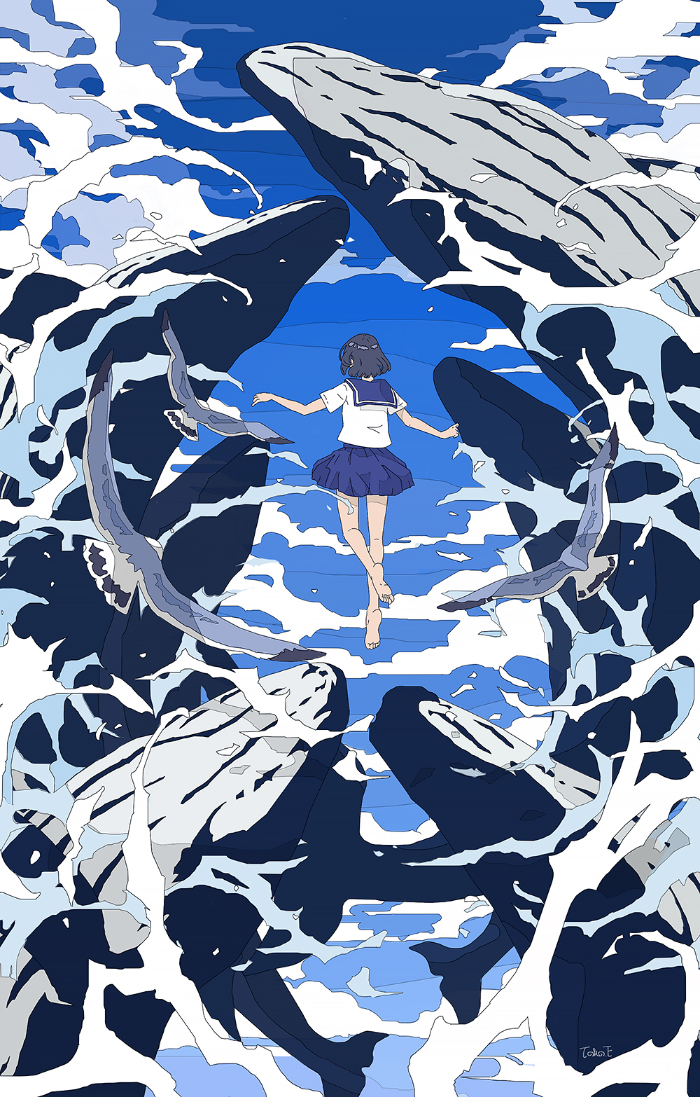 1girl animal barefoot bird black_hair blue_sailor_collar blue_skirt blue_sky cloud commentary_request day facing_away feet floating highres ligne_claire ocean original outdoors outstretched_arms pleated_skirt sailor_collar school_uniform serafuku seraphitalg short_hair short_sleeves signature skirt sky spread_arms whale wide_shot