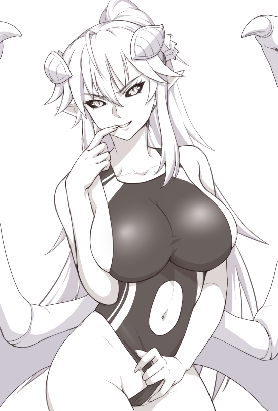 2018 5_fingers animal_humanoid big_breasts black_sclera breasts clothed clothing collarbone demon eyebrows eyelashes female fingers hair humanoid humanoid_pointy_ears lilim_(monster_girl_encyclopedia) long_hair looking_at_viewer mammal maritan membrane_(anatomy) membranous_wings monochrome monster_girl_(genre) monster_girl_encyclopedia navel side_boob simple_background smile solo swimwear teeth thick_thighs wings