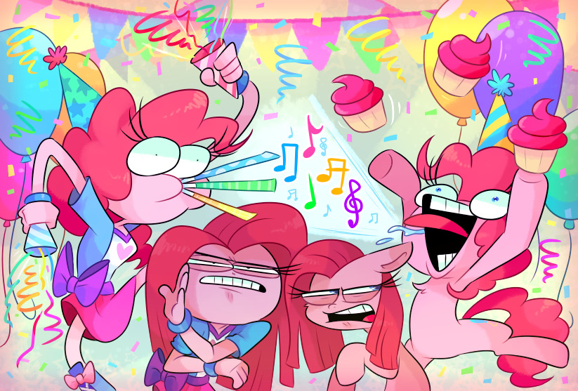 &lt;3 2019 abstract_background annoyed anthro balloon bottomwear clothing confetti cupcake earth_pony equestria_girls equid equine female feral food footwear friendship_is_magic hair holding_object horse long_hair mammal my_little_pony open_mouth party pink_hair pinkamena_(mlp) pinkie_pie_(eg) pinkie_pie_(mlp) pony shirt skirt smile square_crossover tongue tongue_out topwear vdru7
