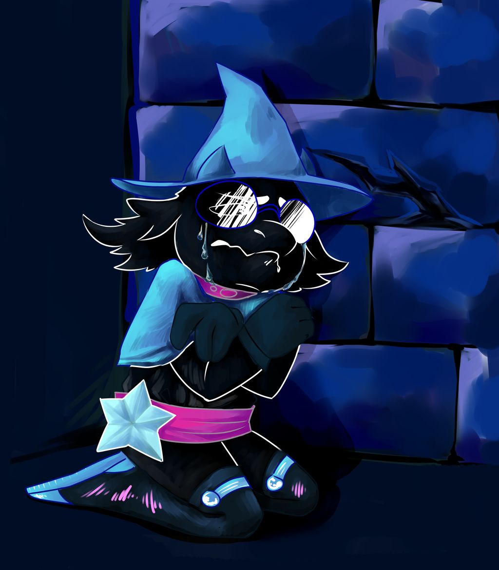 alternate_universe au belt black_fur bodily_fluids boots bovid caprine clothing collar darkner deltarune deltaswap eyewear fluffy footwear fur glasses goat hat headgear headwear horn invalid_tag mammal ralsei sad shawl shurabibertush_(artist) tears video_games