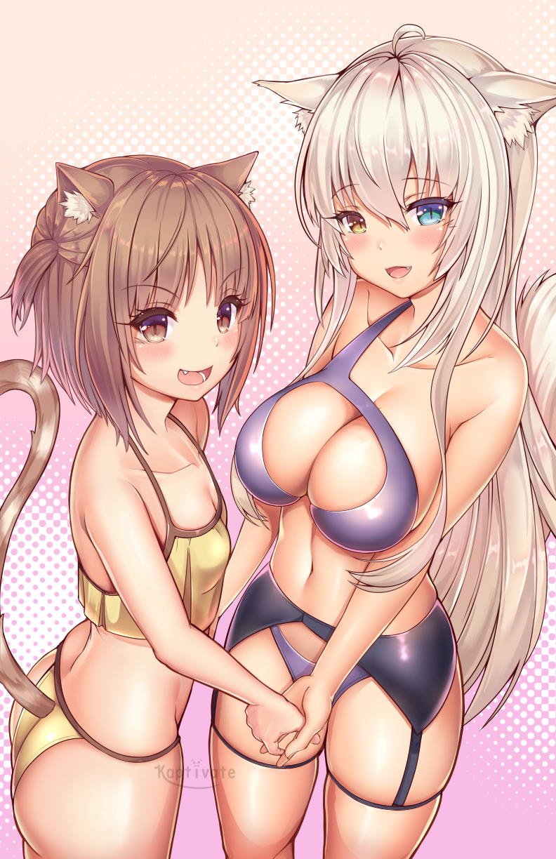 2girls ahoge animal_ear_fluff animal_ears artist_name ass azuki_(sayori) bangs bare_shoulders blue_eyes breasts brown_hair cat_ears cat_tail cleavage coconut_(sayori) collarbone commentary_request eyebrows_visible_through_hair fang green_eyes hair_between_eyes heterochromia highres kaptivate large_breasts long_hair looking_at_viewer medium_hair multiple_girls navel nekopara open_mouth small_breasts tail white_hair