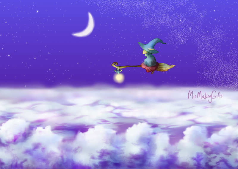 broom clothing detailed_background float flying_magic hat headgear headwear lagomorph leporid magic_user mammal mirmakinggifs moon night rabbit signature sky star witch witch_hat