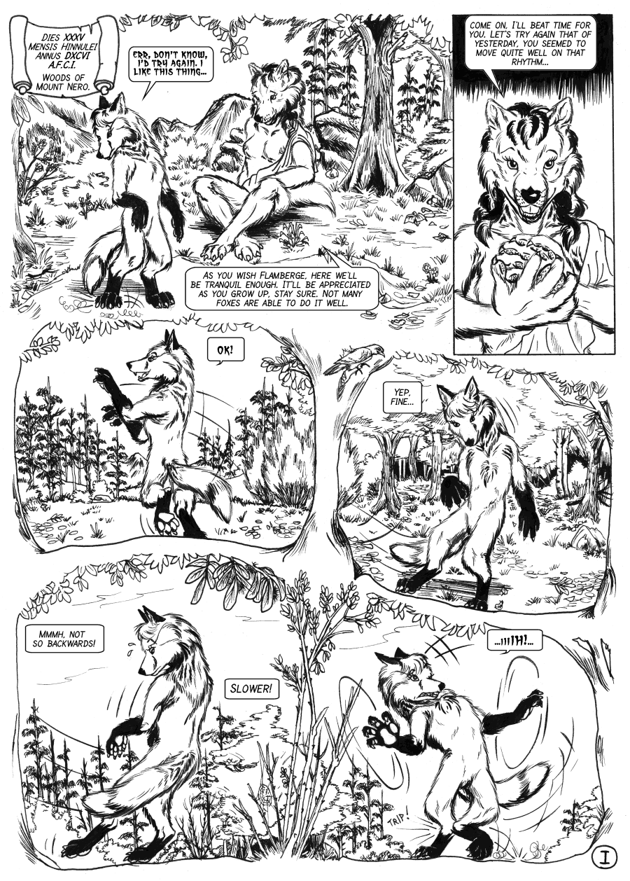 ambiguous_gender anthro breasts canid canine canis comic dialogue duo english_text female feral forest fox fur hair hi_res mammal nipples outside scale_(artist) text the_kerashant_chronicles tree wolf