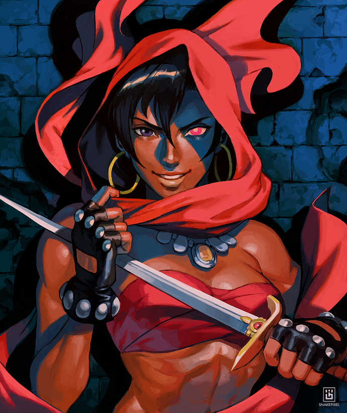 1girl against_wall bandeau black_gloves black_hair breasts commentary dark_skin dungeons_&amp;_dragons:_shadow_over_mystara dungeons_and_dragons earrings english_commentary fingerless_gloves gloves grin heterochromia hood hood_up hoop_earrings jewelry lips looking_at_viewer moriah necklace pink_eyes red_hood red_scarf ribs scarf short_hair short_sword simon_stafsnes_andersen small_breasts smile solo stomach studded_gloves sword toned upper_body weapon