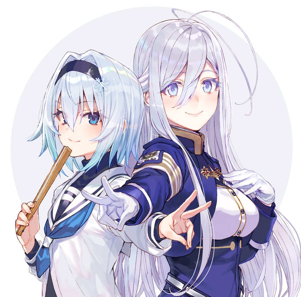 2girls 86_-eightysix- antenna_hair blue_eyes breasts closed_mouth cropped_jacket crossover fan flat_chest folding_fan from_side gloves hair_between_eyes hair_ornament hairband hand_on_own_chest long_hair medium_breasts multiple_girls outstretched_arm ryuuou_no_oshigoto! school_uniform serafuku shirabi short_hair silver_eyes silver_hair simple_background smile snowflake_hair_ornament sora_ginko turtleneck underbust v vladilena_millize white_gloves