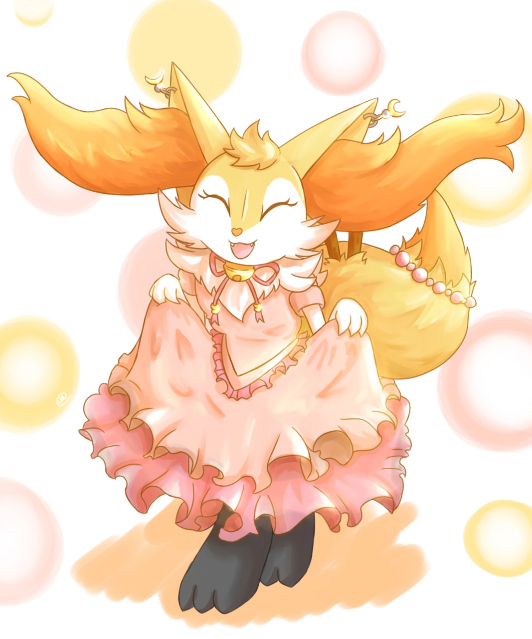 &lt;3 2019 4_fingers accessory anthro beads black_fur braixen breasts clothed clothing curtsey digital_media_(artwork) dress ear_piercing ear_ring eyes_closed fan_character fangs female fingers fortuna_(unknownlifeform) frilly frilly_clothing frilly_dress fully_clothed fur hair_accessory heart_nose hi_res inner_ear_fluff jingle_bell neck_bow nintendo open_mouth piercing pink_clothing pink_dress pok&eacute;mon pok&eacute;mon_(species) simple_background solo stick unknownlifeform video_games white_fur yellow_fur