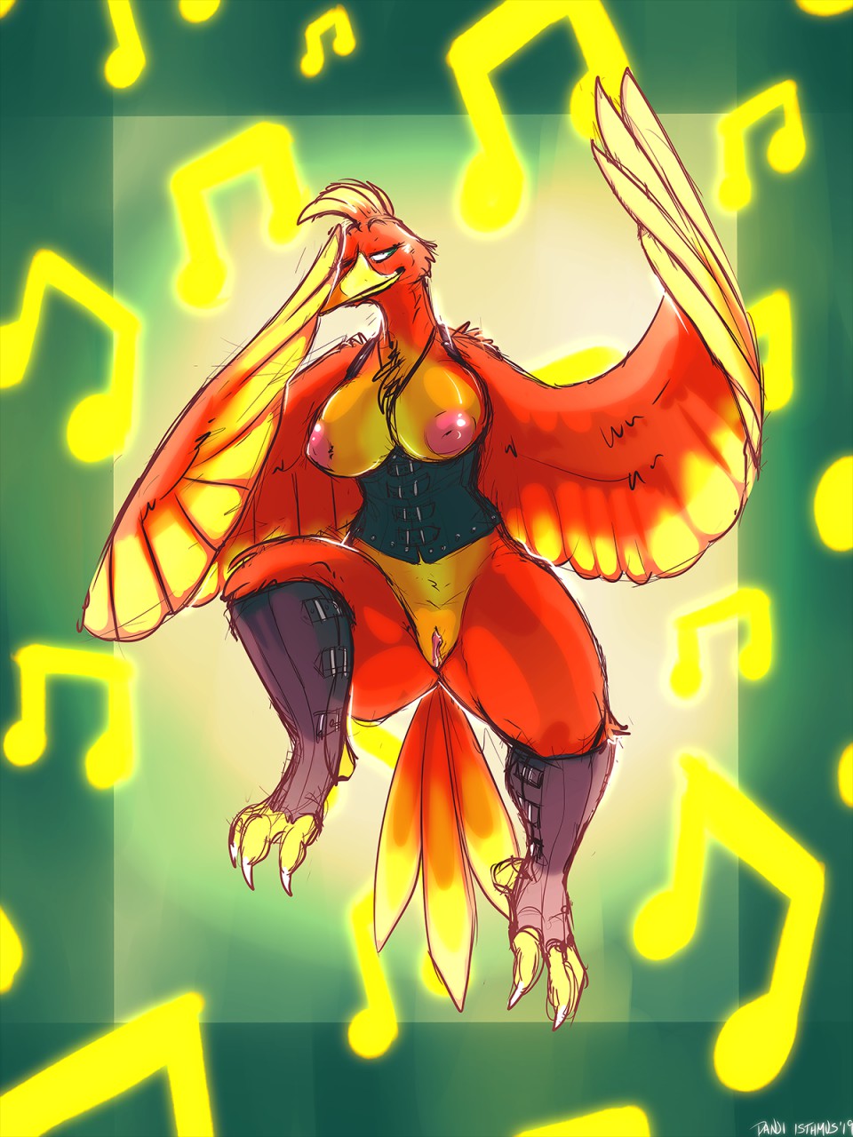 anthro avian banjo-kazooie banjo_(banjo-kazooie) beak bird breasts breegull clothed clothing corset danji-isthmus feathers female green_eyes hi_res kazooie legwear lingerie nipples partially_clothed pussy rareware simple_background smile solo talons video_games wings