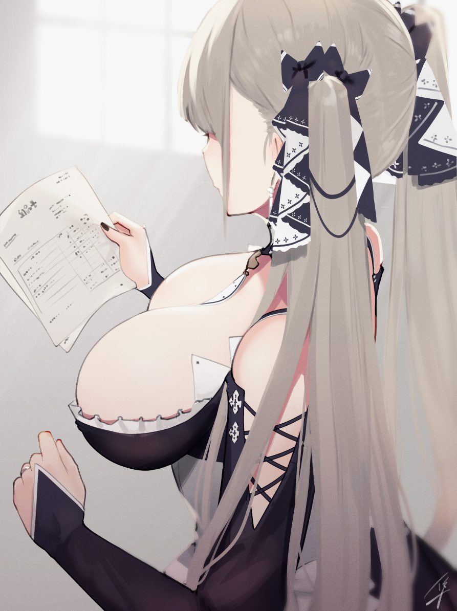1girl ascot azur_lane black_nails breasts bridal_gauntlets choker cleavage commentary_request faceless faceless_female formidable_(azur_lane) from_side hair_ribbon hayabusa holding holding_paper jewelry large_breasts long_hair looking_at_paper monochrome_background nail_polish paper platinum_blonde_hair ribbon ring twintails two-tone_ribbon very_long_hair window