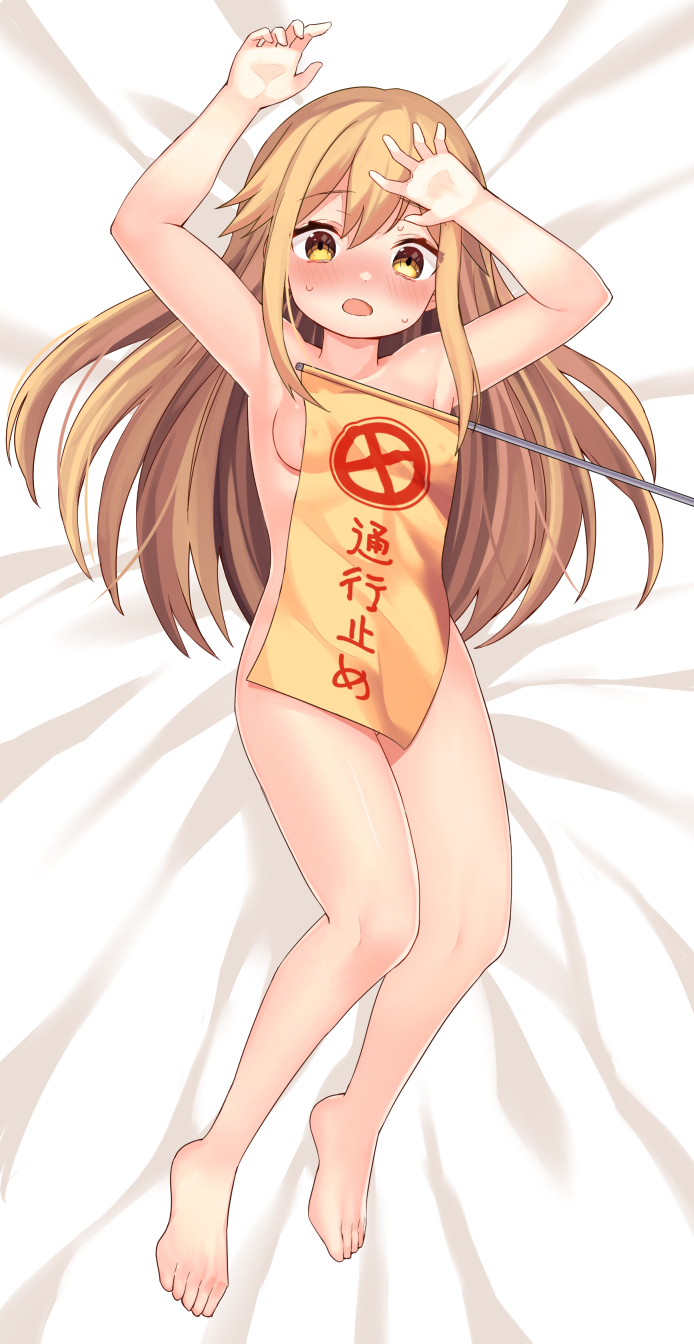 1girl :o arms_up bangs barefoot bed_sheet blonde_hair blush breasts choir_(artist) dakimakura eyebrows_visible_through_hair flag full_body hair_between_eyes hair_spread_out hataraku_saibou highres long_hair looking_at_viewer lying nose_blush nude on_back platelet_(hataraku_saibou) yellow_eyes