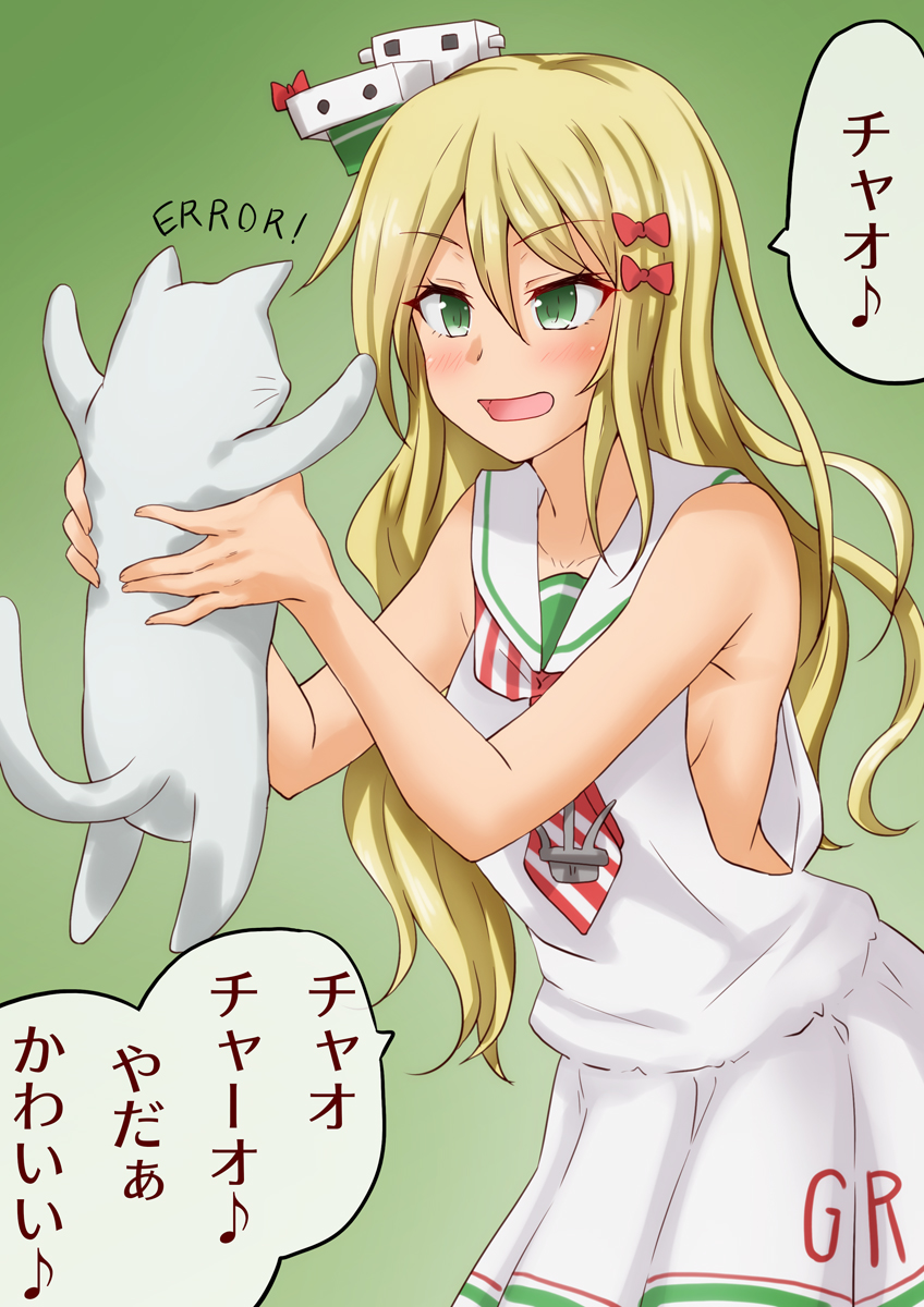 1girl 1other anchor anti_(untea9) batsubyou blonde_hair cat clothes_writing commentary_request dress gradient gradient_background grecale_(kantai_collection) green_background green_eyes hat highres kantai_collection long_hair mini_hat open_mouth pink_ribbon ribbon sailor_collar sailor_dress side-tie_dress sleeveless sleeveless_dress striped striped_neckwear tan translation_request twitter_username white_dress white_headwear white_sailor_collar