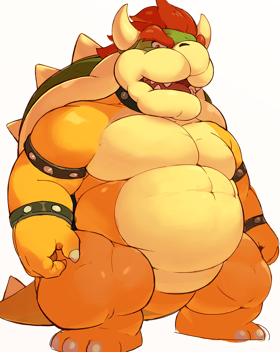 2018 3_toes anthro belly biped bowser collar featureless_crotch front_view hair horn koopa korosuke looking_at_viewer male mario_bros muscular muscular_male navel nintendo open_mouth red_hair scales scalie shell short_tail simple_background solo spiked_armlet spiked_collar spiked_shell spikes standing toes video_games white_background yellow_eyes yellow_scales