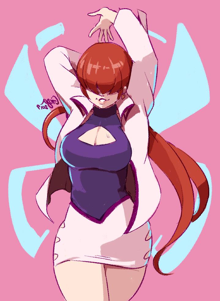 1girl arms_behind_head arms_up artist_name bangs breasts cleavage cleavage_cutout cowboy_shot cropped_jacket gigalithic hair_over_eyes large_breasts lips long_hair long_sleeves miniskirt parted_lips ponytail red_hair shermie signature simple_background skirt smile solo sweatdrop the_king_of_fighters the_king_of_fighters_'97