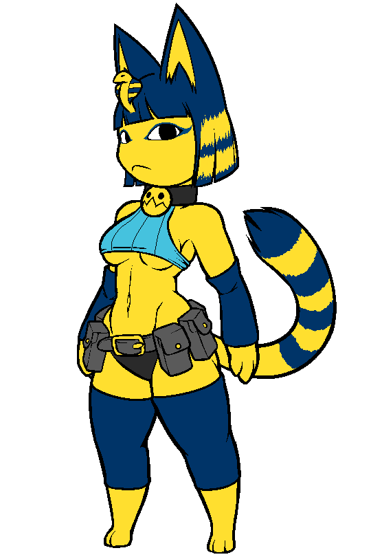 aliasing alpha_channel animal_crossing ankha_(animal_crossing) belt blue_hair breasts clothing collar cosplay dakkpasserida domestic_cat felid feline felis female fur hair looking_at_viewer mammal nadia_fortune nintendo outline panties simple_background skullgirls solo striped_tail stripes transparent_background under_boob underwear video_games yellow_fur