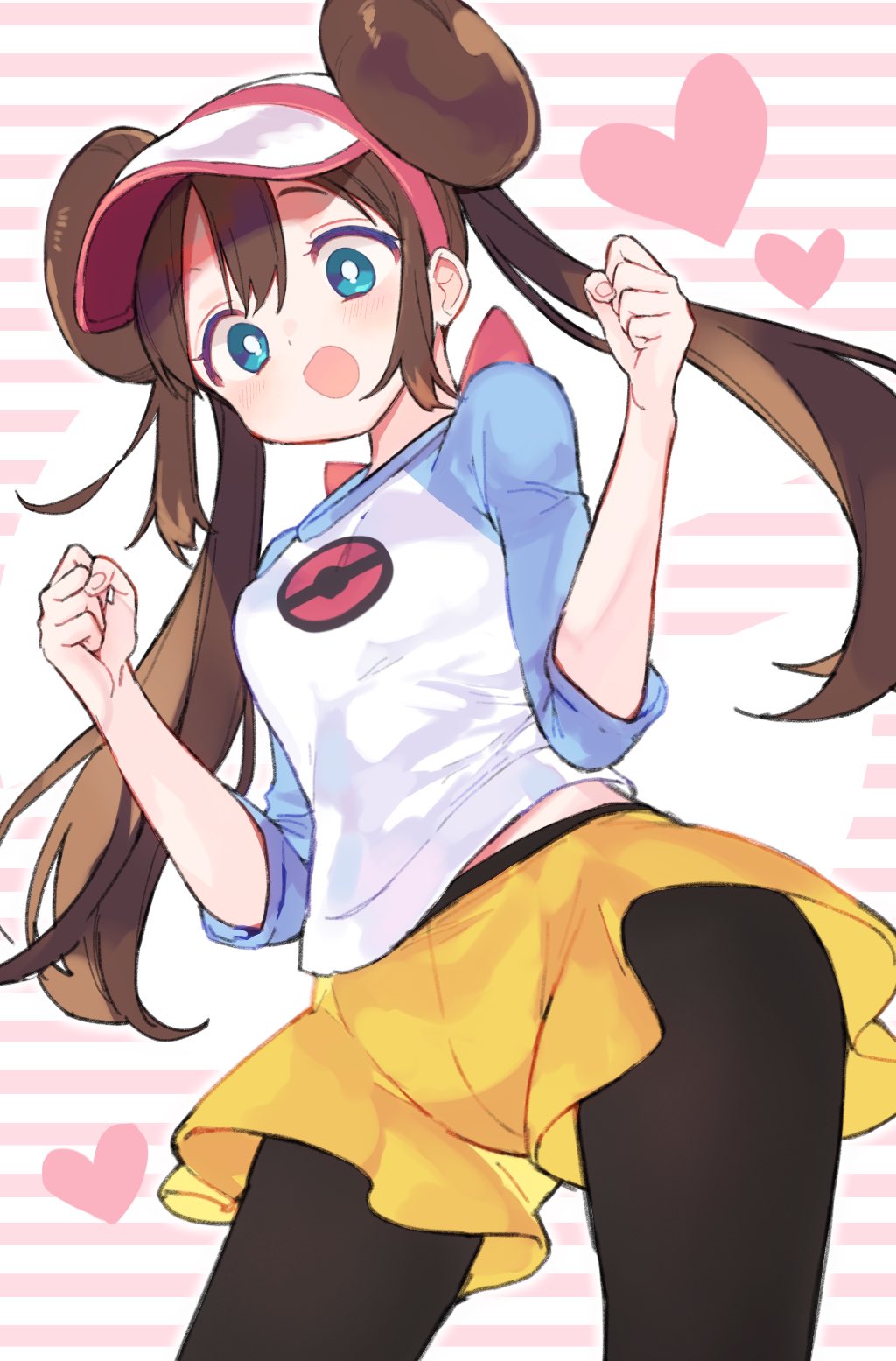 1girl :d black_legwear blue_eyes blush breasts brown_hair commentary cowboy_shot double_bun eyebrows_visible_through_hair from_below hair_between_eyes hands_up heart heart_background highres hiyo_kiki legwear_under_shorts long_hair long_sleeves mei_(pokemon) open_mouth pantyhose pink_background pleated_skirt raglan_sleeves shorts sidelocks skirt small_breasts smile solo standing striped striped_background twintails very_long_hair visor_cap white_background yellow_shorts