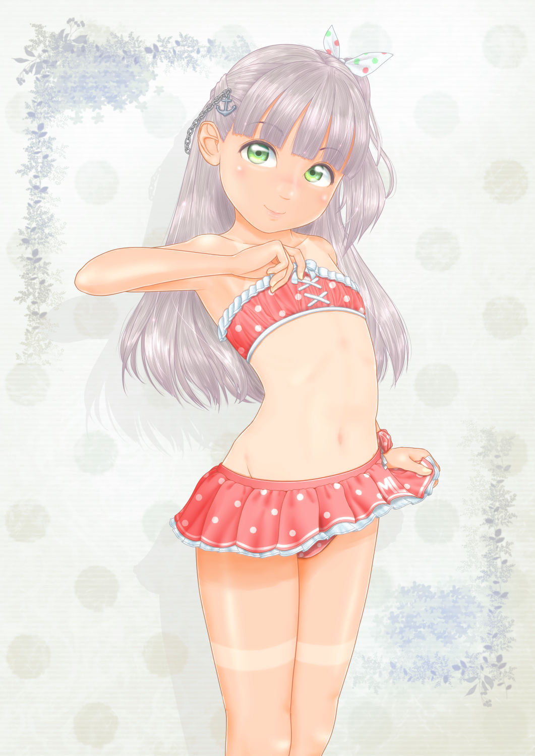 1girl anchor_hair_ornament bangs bikini bikini_skirt blunt_bangs commentary_request cowboy_shot flat_chest frilled_bikini frills green_eyes hair_ornament hair_ribbon highres kantai_collection long_hair looking_at_viewer maestrale_(kantai_collection) navel one_side_up polka_dot polka_dot_bikini polka_dot_ribbon red_bikini ribbon silver_hair smile solo standing swimsuit tan tanline uzuki_mei